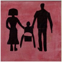 Ein Piktogramm zeigt ein Kind im Rollstuhl, begleitet von 2 Erwachsenen.